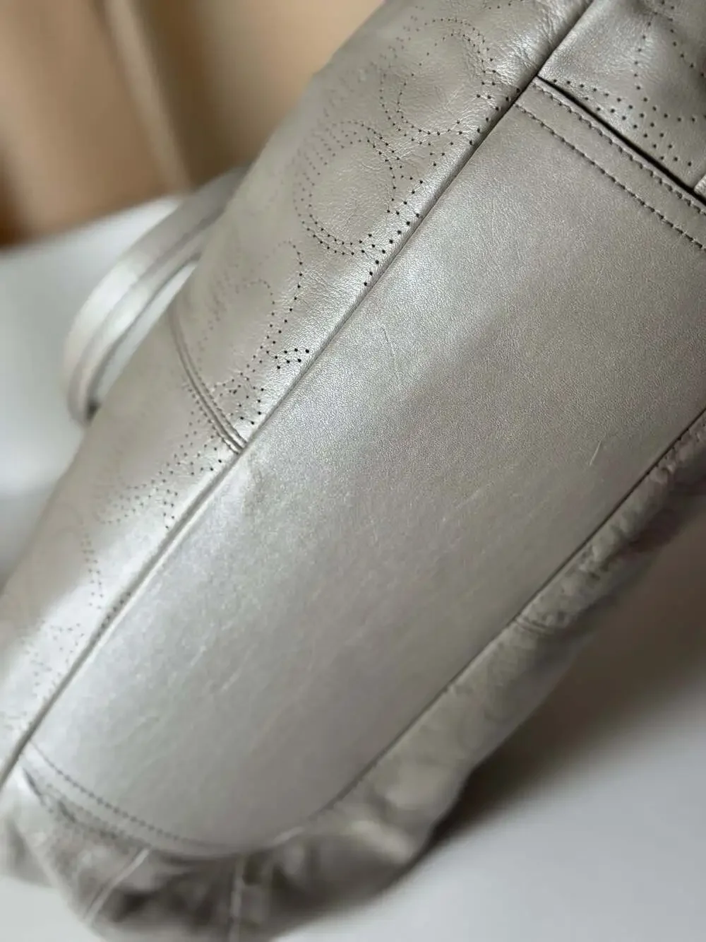 Coach Metallic Silver Perforated Leather Hobo Handbag F19258